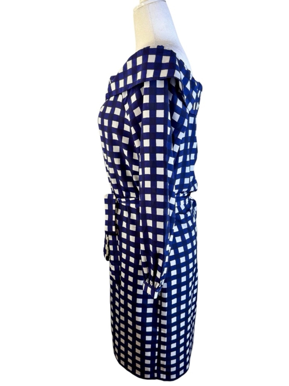 Banana Republic Navy and White Off-Shoulder Gingham Belted Dress Size M Tall - Picture 5 of 11